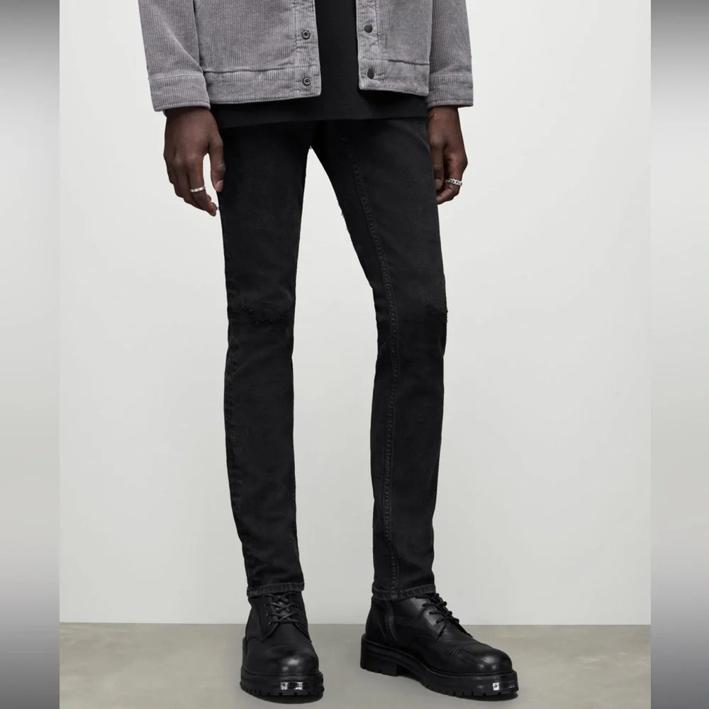 All Saints Cigarette Skinny Damaged Denim Cotton Black Jeans